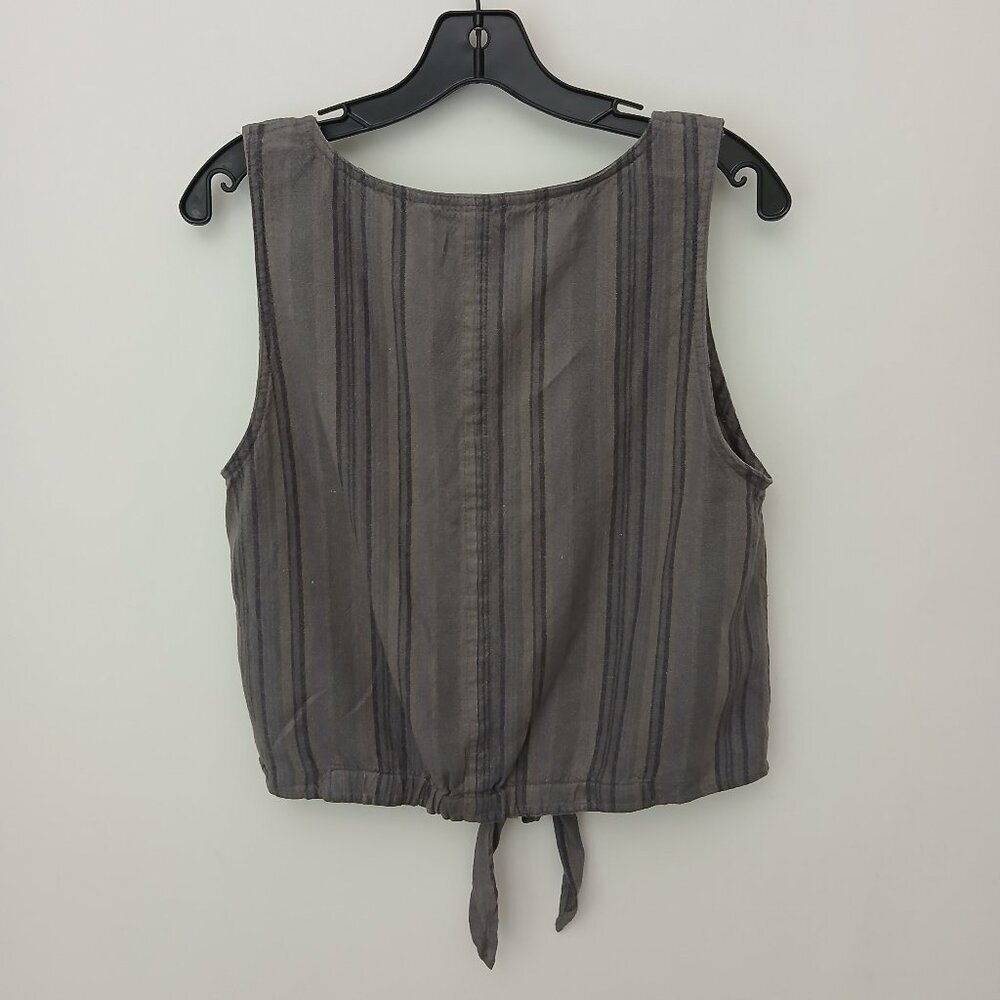 Olive Green Striped Linen Blend Button Down Tie Front Midriff Top Sz L - Picture 8 of 9